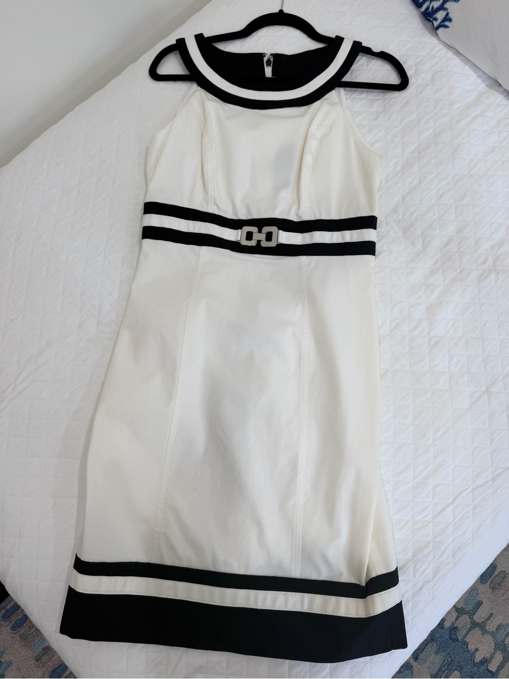 White House Black Market White Midi Dress with Black Trim